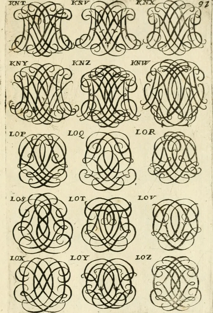 An illustration from Livre nouveau et utile pour toutes sortes d'artistes, et particulierement pour les orfevres, les orlogeurs, les peintres, les graveurs, les brodeurs, &c. : contenant quatre alphabets de chiffres fleuronnez au premier trait avec quantite de devises, d'emblemes et de noeuds d'amour : avec une table exacte pour trouver en général tous les noms et surnoms entrelassez, 1690, leaf 188