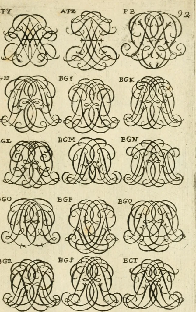 An illustration from Livre nouveau et utile pour toutes sortes d'artistes, et particulierement pour les orfevres, les orlogeurs, les peintres, les graveurs, les brodeurs, &c. : contenant quatre alphabets de chiffres fleuronnez au premier trait avec quantite de devises, d'emblemes et de noeuds d'amour : avec une table exacte pour trouver en général tous les noms et surnoms entrelassez, 1690, leaf 190