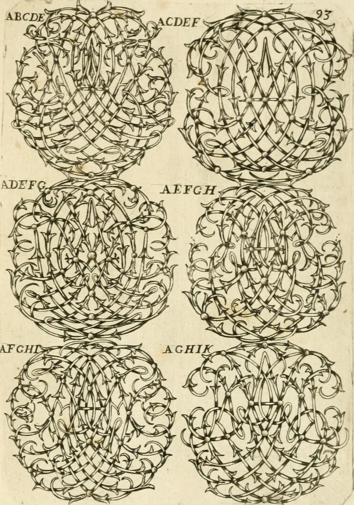 An illustration from Livre nouveau et utile pour toutes sortes d'artistes, et particulierement pour les orfevres, les orlogeurs, les peintres, les graveurs, les brodeurs, &c. : contenant quatre alphabets de chiffres fleuronnez au premier trait avec quantite de devises, d'emblemes et de noeuds d'amour : avec une table exacte pour trouver en général tous les noms et surnoms entrelassez, 1690, leaf 192