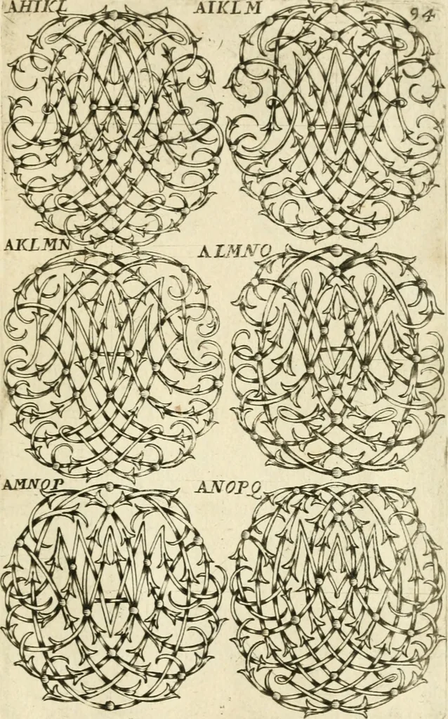 An illustration from Livre nouveau et utile pour toutes sortes d'artistes, et particulierement pour les orfevres, les orlogeurs, les peintres, les graveurs, les brodeurs, &c. : contenant quatre alphabets de chiffres fleuronnez au premier trait avec quantite de devises, d'emblemes et de noeuds d'amour : avec une table exacte pour trouver en général tous les noms et surnoms entrelassez, 1690, leaf 194
