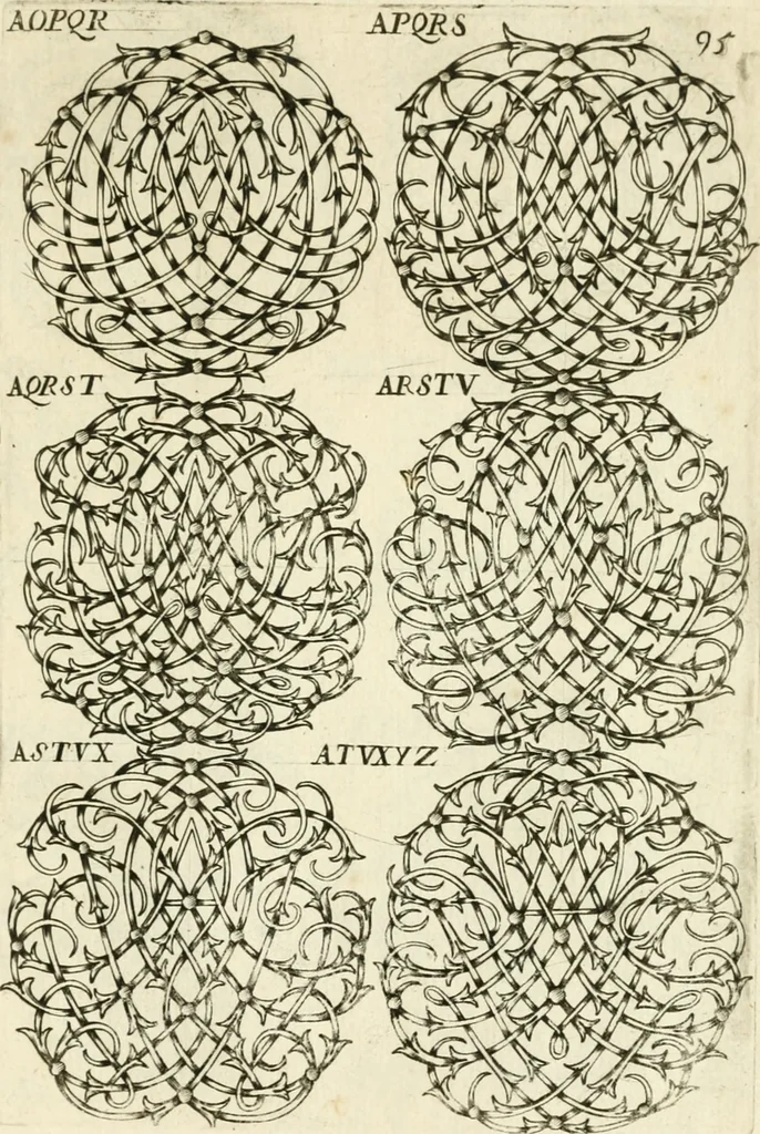 An illustration from Livre nouveau et utile pour toutes sortes d'artistes, et particulierement pour les orfevres, les orlogeurs, les peintres, les graveurs, les brodeurs, &c. : contenant quatre alphabets de chiffres fleuronnez au premier trait avec quantite de devises, d'emblemes et de noeuds d'amour : avec une table exacte pour trouver en général tous les noms et surnoms entrelassez, 1690, leaf 196