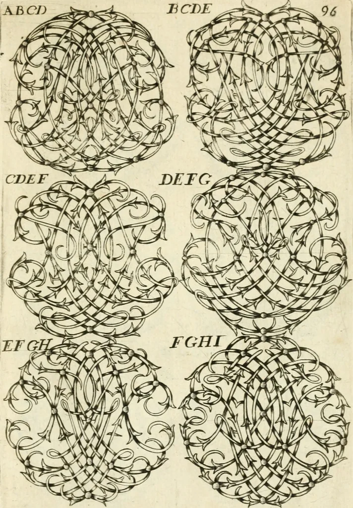 An illustration from Livre nouveau et utile pour toutes sortes d'artistes, et particulierement pour les orfevres, les orlogeurs, les peintres, les graveurs, les brodeurs, &c. : contenant quatre alphabets de chiffres fleuronnez au premier trait avec quantite de devises, d'emblemes et de noeuds d'amour : avec une table exacte pour trouver en général tous les noms et surnoms entrelassez, 1690, leaf 198