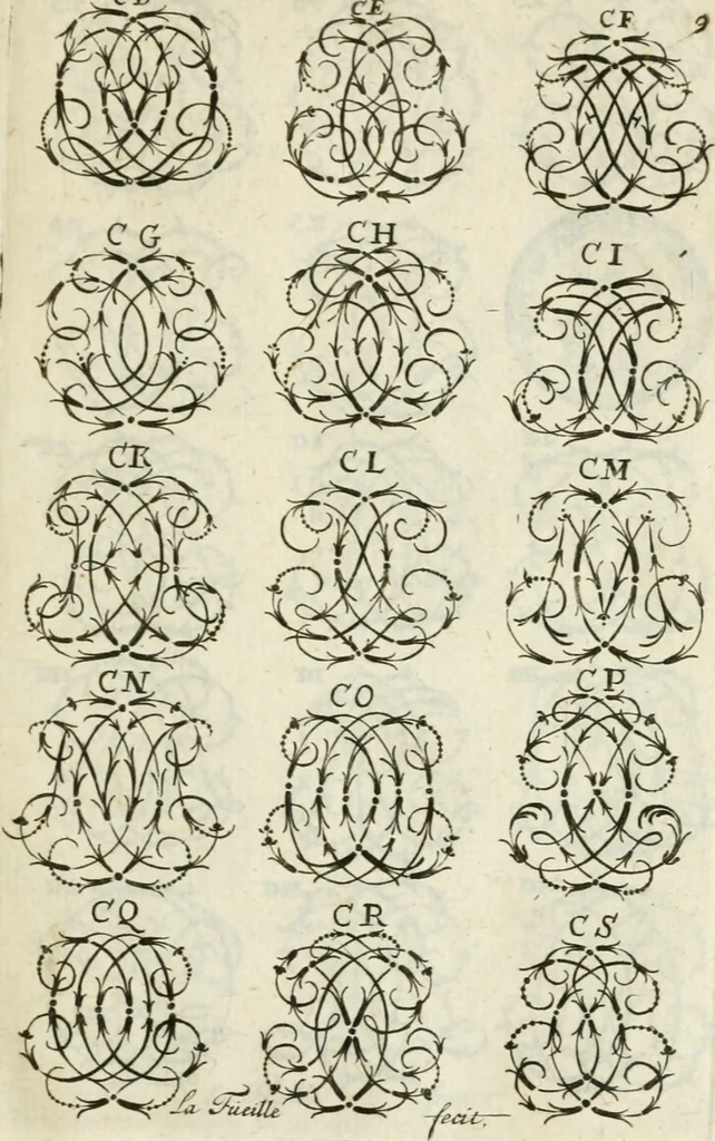 An illustration from Livre nouveau et utile pour toutes sortes d'artistes, et particulierement pour les orfevres, les orlogeurs, les peintres, les graveurs, les brodeurs, &c. : contenant quatre alphabets de chiffres fleuronnez au premier trait avec quantite de devises, d'emblemes et de noeuds d'amour : avec une table exacte pour trouver en général tous les noms et surnoms entrelassez, 1690, leaf 20