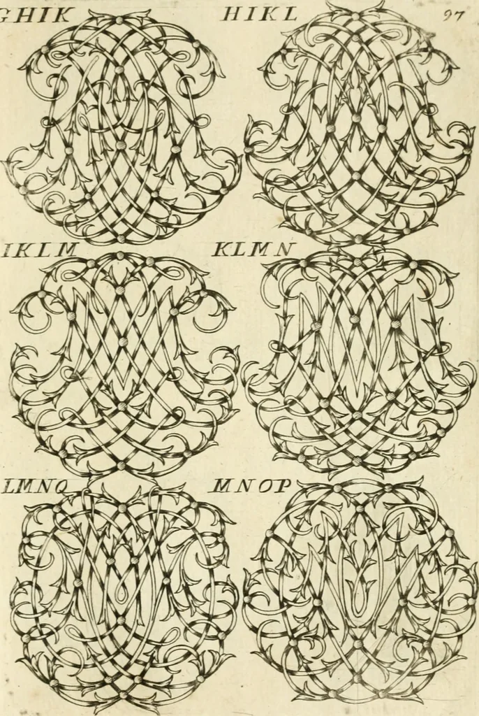 An illustration from Livre nouveau et utile pour toutes sortes d'artistes, et particulierement pour les orfevres, les orlogeurs, les peintres, les graveurs, les brodeurs, &c. : contenant quatre alphabets de chiffres fleuronnez au premier trait avec quantite de devises, d'emblemes et de noeuds d'amour : avec une table exacte pour trouver en général tous les noms et surnoms entrelassez, 1690, leaf 200