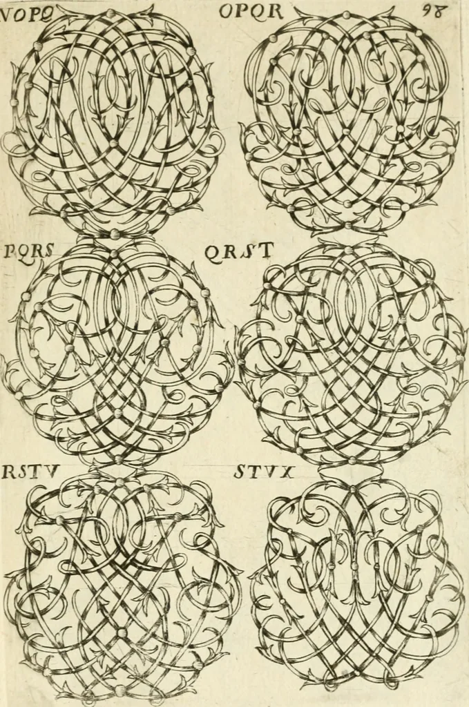 An illustration from Livre nouveau et utile pour toutes sortes d'artistes, et particulierement pour les orfevres, les orlogeurs, les peintres, les graveurs, les brodeurs, &c. : contenant quatre alphabets de chiffres fleuronnez au premier trait avec quantite de devises, d'emblemes et de noeuds d'amour : avec une table exacte pour trouver en général tous les noms et surnoms entrelassez, 1690, leaf 202