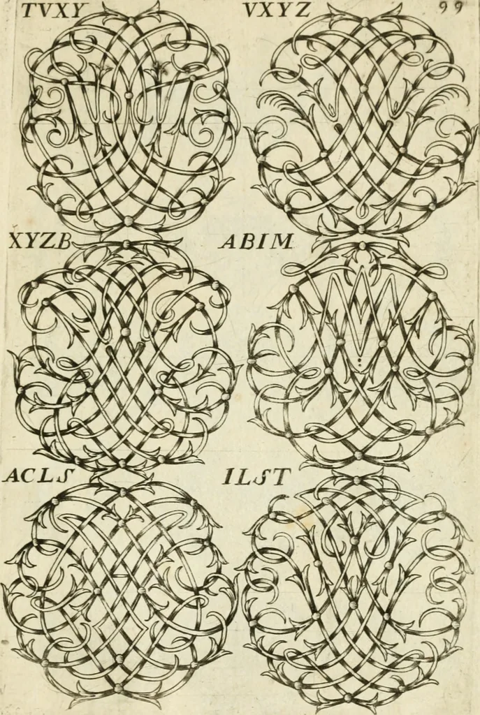 An illustration from Livre nouveau et utile pour toutes sortes d'artistes, et particulierement pour les orfevres, les orlogeurs, les peintres, les graveurs, les brodeurs, &c. : contenant quatre alphabets de chiffres fleuronnez au premier trait avec quantite de devises, d'emblemes et de noeuds d'amour : avec une table exacte pour trouver en général tous les noms et surnoms entrelassez, 1690, leaf 204