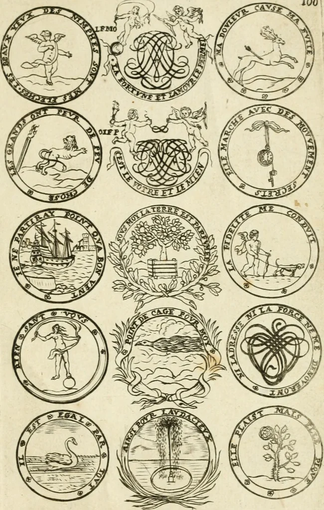 An illustration from Livre nouveau et utile pour toutes sortes d'artistes, et particulierement pour les orfevres, les orlogeurs, les peintres, les graveurs, les brodeurs, &c. : contenant quatre alphabets de chiffres fleuronnez au premier trait avec quantite de devises, d'emblemes et de noeuds d'amour : avec une table exacte pour trouver en général tous les noms et surnoms entrelassez, 1690, leaf 206