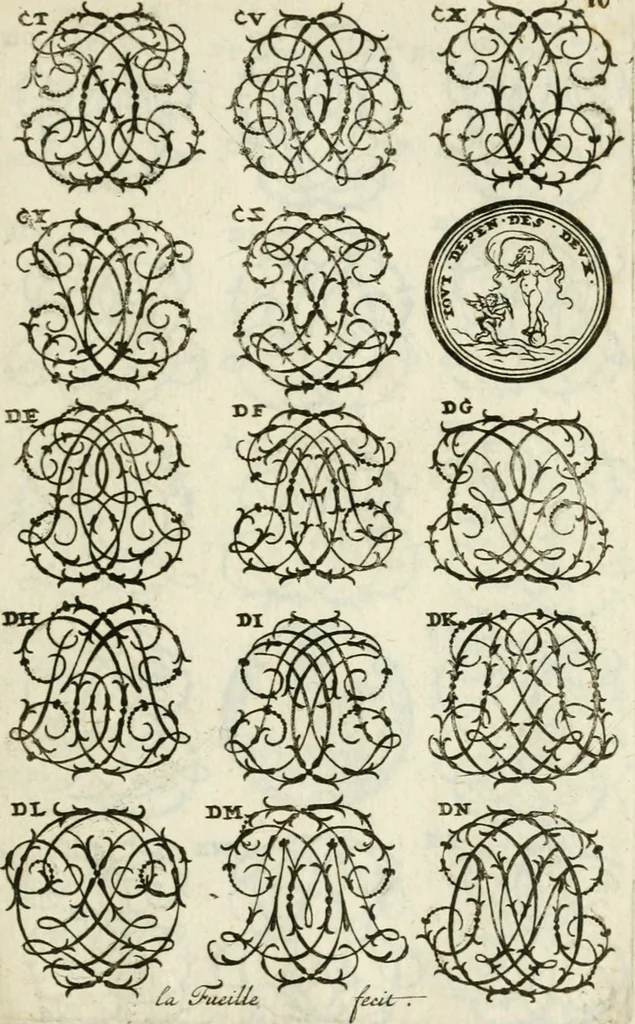 An illustration from Livre nouveau et utile pour toutes sortes d'artistes, et particulierement pour les orfevres, les orlogeurs, les peintres, les graveurs, les brodeurs, &c. : contenant quatre alphabets de chiffres fleuronnez au premier trait avec quantite de devises, d'emblemes et de noeuds d'amour : avec une table exacte pour trouver en général tous les noms et surnoms entrelassez, 1690, leaf 22