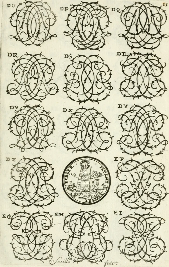 An illustration from Livre nouveau et utile pour toutes sortes d'artistes, et particulierement pour les orfevres, les orlogeurs, les peintres, les graveurs, les brodeurs, &c. : contenant quatre alphabets de chiffres fleuronnez au premier trait avec quantite de devises, d'emblemes et de noeuds d'amour : avec une table exacte pour trouver en général tous les noms et surnoms entrelassez, 1690, leaf 24