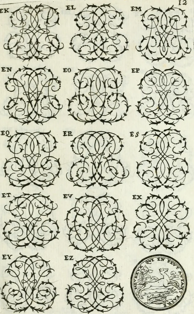 An illustration from Livre nouveau et utile pour toutes sortes d'artistes, et particulierement pour les orfevres, les orlogeurs, les peintres, les graveurs, les brodeurs, &c. : contenant quatre alphabets de chiffres fleuronnez au premier trait avec quantite de devises, d'emblemes et de noeuds d'amour : avec une table exacte pour trouver en général tous les noms et surnoms entrelassez, 1690, leaf 26