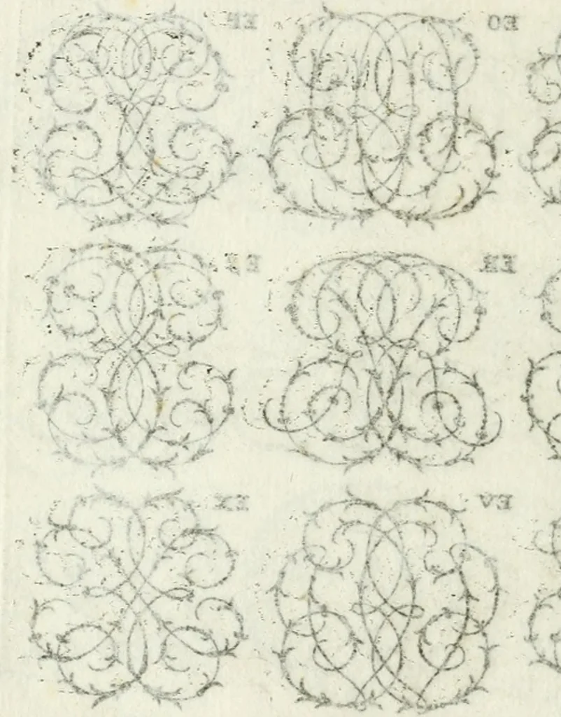 An illustration from Livre nouveau et utile pour toutes sortes d'artistes, et particulierement pour les orfevres, les orlogeurs, les peintres, les graveurs, les brodeurs, &c. : contenant quatre alphabets de chiffres fleuronnez au premier trait avec quantite de devises, d'emblemes et de noeuds d'amour : avec une table exacte pour trouver en général tous les noms et surnoms entrelassez, 1690, leaf 27