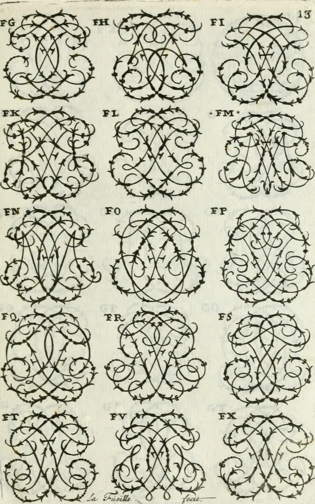 An illustration from Livre nouveau et utile pour toutes sortes d'artistes, et particulierement pour les orfevres, les orlogeurs, les peintres, les graveurs, les brodeurs, &c. : contenant quatre alphabets de chiffres fleuronnez au premier trait avec quantite de devises, d'emblemes et de noeuds d'amour : avec une table exacte pour trouver en général tous les noms et surnoms entrelassez, 1690, leaf 28