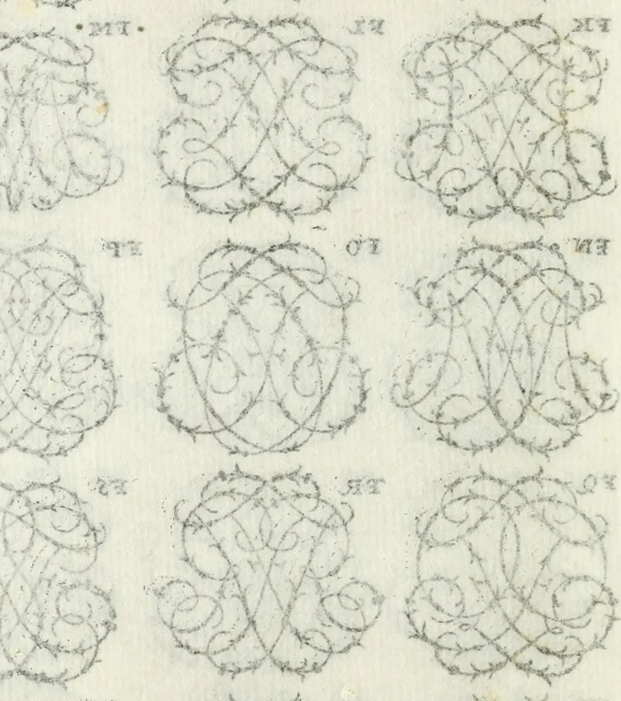 An illustration from Livre nouveau et utile pour toutes sortes d'artistes, et particulierement pour les orfevres, les orlogeurs, les peintres, les graveurs, les brodeurs, &c. : contenant quatre alphabets de chiffres fleuronnez au premier trait avec quantite de devises, d'emblemes et de noeuds d'amour : avec une table exacte pour trouver en général tous les noms et surnoms entrelassez, 1690, leaf 29
