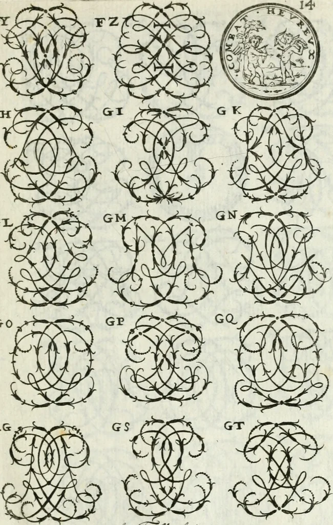 An illustration from Livre nouveau et utile pour toutes sortes d'artistes, et particulierement pour les orfevres, les orlogeurs, les peintres, les graveurs, les brodeurs, &c. : contenant quatre alphabets de chiffres fleuronnez au premier trait avec quantite de devises, d'emblemes et de noeuds d'amour : avec une table exacte pour trouver en général tous les noms et surnoms entrelassez, 1690, leaf 30