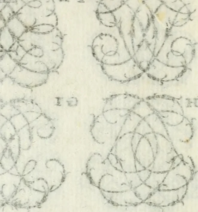 An illustration from Livre nouveau et utile pour toutes sortes d'artistes, et particulierement pour les orfevres, les orlogeurs, les peintres, les graveurs, les brodeurs, &c. : contenant quatre alphabets de chiffres fleuronnez au premier trait avec quantite de devises, d'emblemes et de noeuds d'amour : avec une table exacte pour trouver en général tous les noms et surnoms entrelassez, 1690, leaf 31