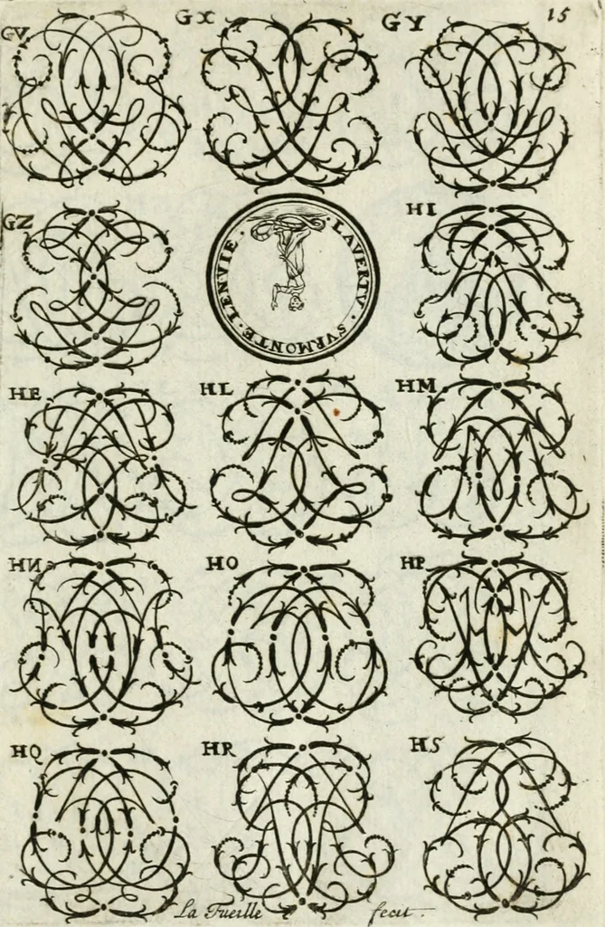 An illustration from Livre nouveau et utile pour toutes sortes d'artistes, et particulierement pour les orfevres, les orlogeurs, les peintres, les graveurs, les brodeurs, &c. : contenant quatre alphabets de chiffres fleuronnez au premier trait avec quantite de devises, d'emblemes et de noeuds d'amour : avec une table exacte pour trouver en général tous les noms et surnoms entrelassez, 1690, leaf 32