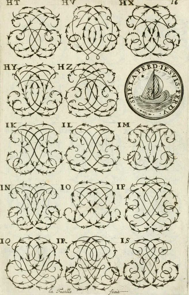 An illustration from Livre nouveau et utile pour toutes sortes d'artistes, et particulierement pour les orfevres, les orlogeurs, les peintres, les graveurs, les brodeurs, &c. : contenant quatre alphabets de chiffres fleuronnez au premier trait avec quantite de devises, d'emblemes et de noeuds d'amour : avec une table exacte pour trouver en général tous les noms et surnoms entrelassez, 1690, leaf 34