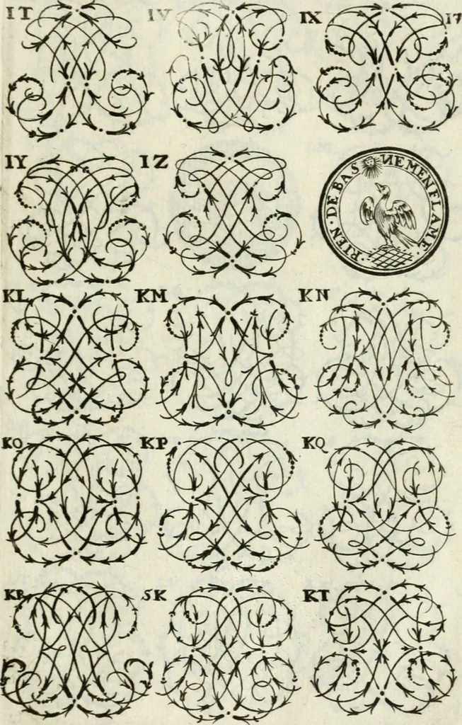 An illustration from Livre nouveau et utile pour toutes sortes d'artistes, et particulierement pour les orfevres, les orlogeurs, les peintres, les graveurs, les brodeurs, &c. : contenant quatre alphabets de chiffres fleuronnez au premier trait avec quantite de devises, d'emblemes et de noeuds d'amour : avec une table exacte pour trouver en général tous les noms et surnoms entrelassez, 1690, leaf 36