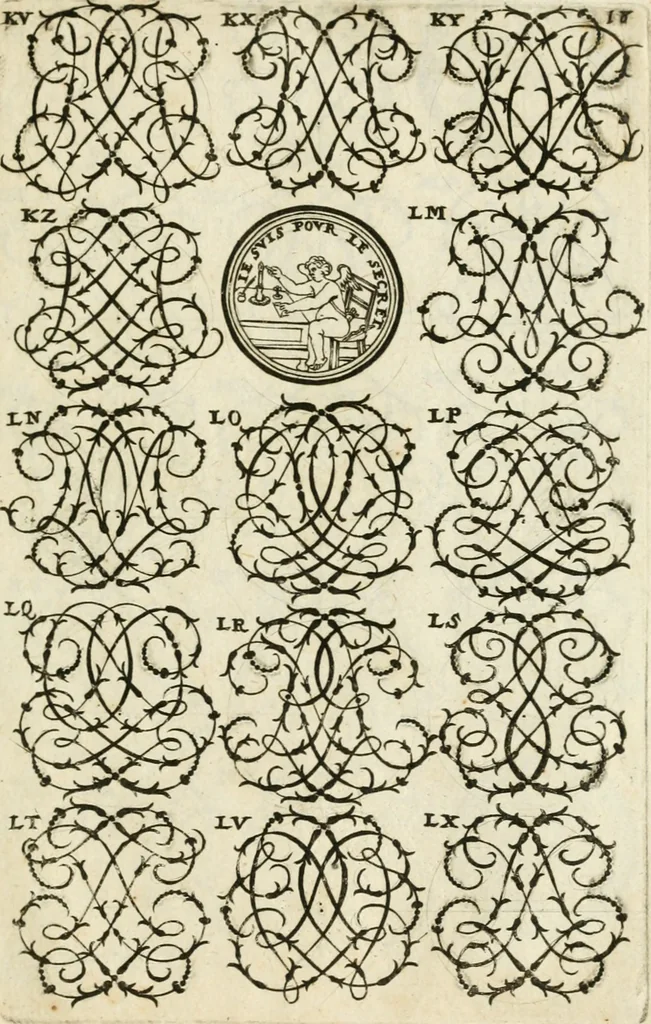An illustration from Livre nouveau et utile pour toutes sortes d'artistes, et particulierement pour les orfevres, les orlogeurs, les peintres, les graveurs, les brodeurs, &c. : contenant quatre alphabets de chiffres fleuronnez au premier trait avec quantite de devises, d'emblemes et de noeuds d'amour : avec une table exacte pour trouver en général tous les noms et surnoms entrelassez, 1690, leaf 38