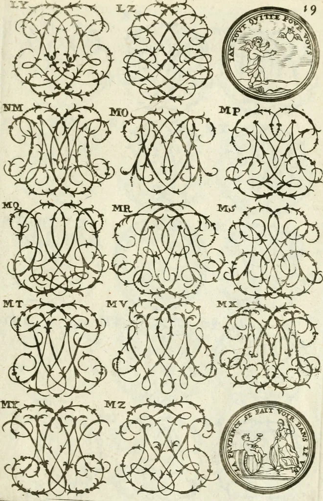 An illustration from Livre nouveau et utile pour toutes sortes d'artistes, et particulierement pour les orfevres, les orlogeurs, les peintres, les graveurs, les brodeurs, &c. : contenant quatre alphabets de chiffres fleuronnez au premier trait avec quantite de devises, d'emblemes et de noeuds d'amour : avec une table exacte pour trouver en général tous les noms et surnoms entrelassez, 1690, leaf 40