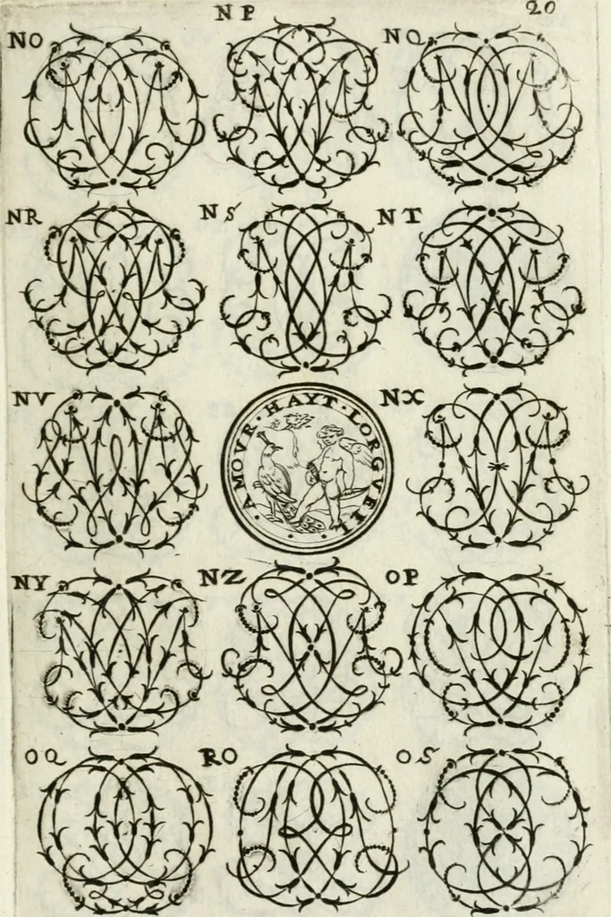 An illustration from Livre nouveau et utile pour toutes sortes d'artistes, et particulierement pour les orfevres, les orlogeurs, les peintres, les graveurs, les brodeurs, &c. : contenant quatre alphabets de chiffres fleuronnez au premier trait avec quantite de devises, d'emblemes et de noeuds d'amour : avec une table exacte pour trouver en général tous les noms et surnoms entrelassez, 1690, leaf 42