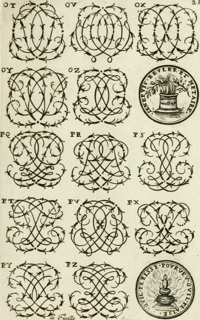 An illustration from Livre nouveau et utile pour toutes sortes d'artistes, et particulierement pour les orfevres, les orlogeurs, les peintres, les graveurs, les brodeurs, &c. : contenant quatre alphabets de chiffres fleuronnez au premier trait avec quantite de devises, d'emblemes et de noeuds d'amour : avec une table exacte pour trouver en général tous les noms et surnoms entrelassez, 1690, leaf 44