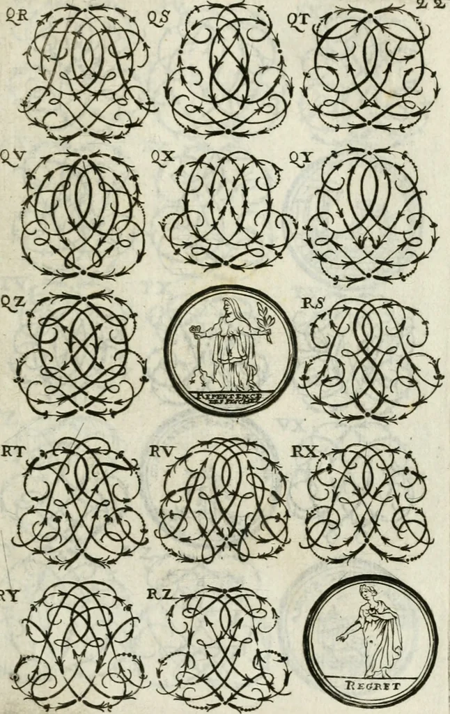 An illustration from Livre nouveau et utile pour toutes sortes d'artistes, et particulierement pour les orfevres, les orlogeurs, les peintres, les graveurs, les brodeurs, &c. : contenant quatre alphabets de chiffres fleuronnez au premier trait avec quantite de devises, d'emblemes et de noeuds d'amour : avec une table exacte pour trouver en général tous les noms et surnoms entrelassez, 1690, leaf 46