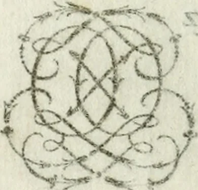 An illustration from Livre nouveau et utile pour toutes sortes d'artistes, et particulierement pour les orfevres, les orlogeurs, les peintres, les graveurs, les brodeurs, &c. : contenant quatre alphabets de chiffres fleuronnez au premier trait avec quantite de devises, d'emblemes et de noeuds d'amour : avec une table exacte pour trouver en général tous les noms et surnoms entrelassez, 1690, leaf 47