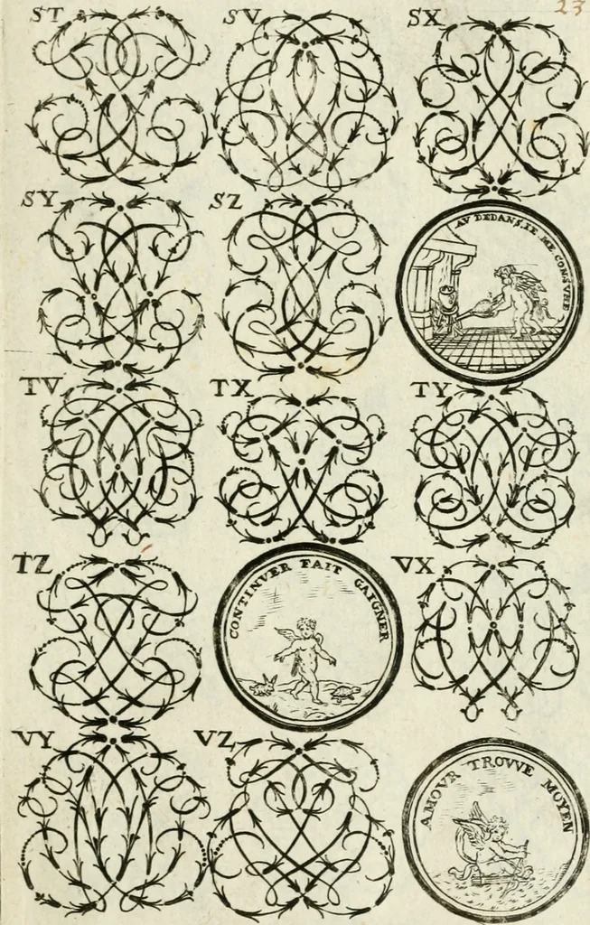 An illustration from Livre nouveau et utile pour toutes sortes d'artistes, et particulierement pour les orfevres, les orlogeurs, les peintres, les graveurs, les brodeurs, &c. : contenant quatre alphabets de chiffres fleuronnez au premier trait avec quantite de devises, d'emblemes et de noeuds d'amour : avec une table exacte pour trouver en général tous les noms et surnoms entrelassez, 1690, leaf 48