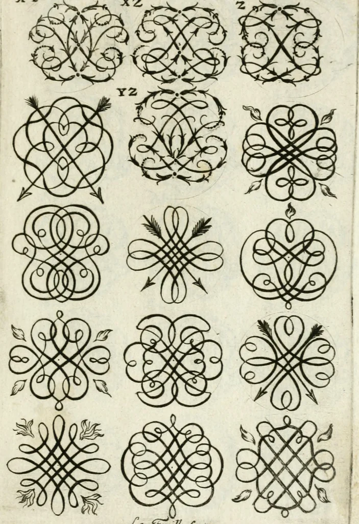 An illustration from Livre nouveau et utile pour toutes sortes d'artistes, et particulierement pour les orfevres, les orlogeurs, les peintres, les graveurs, les brodeurs, &c. : contenant quatre alphabets de chiffres fleuronnez au premier trait avec quantite de devises, d'emblemes et de noeuds d'amour : avec une table exacte pour trouver en général tous les noms et surnoms entrelassez, 1690, leaf 50