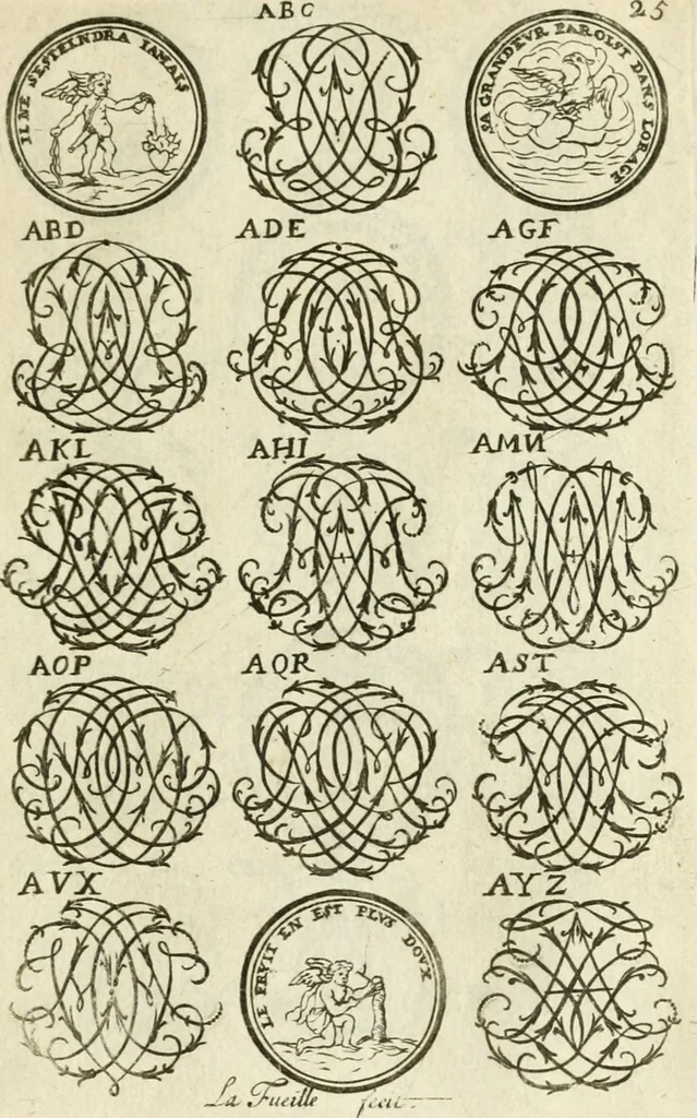 An illustration from Livre nouveau et utile pour toutes sortes d'artistes, et particulierement pour les orfevres, les orlogeurs, les peintres, les graveurs, les brodeurs, &c. : contenant quatre alphabets de chiffres fleuronnez au premier trait avec quantite de devises, d'emblemes et de noeuds d'amour : avec une table exacte pour trouver en général tous les noms et surnoms entrelassez, 1690, leaf 52