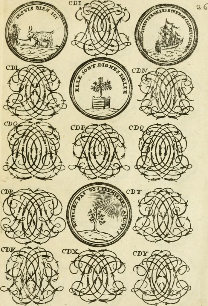 An illustration from Livre nouveau et utile pour toutes sortes d'artistes, et particulierement pour les orfevres, les orlogeurs, les peintres, les graveurs, les brodeurs, &c. : contenant quatre alphabets de chiffres fleuronnez au premier trait avec quantite de devises, d'emblemes et de noeuds d'amour : avec une table exacte pour trouver en général tous les noms et surnoms entrelassez, 1690, leaf 54