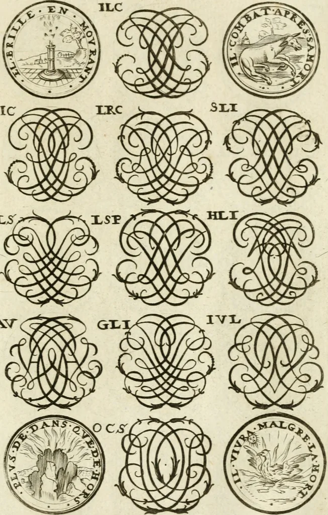 An illustration from Livre nouveau et utile pour toutes sortes d'artistes, et particulierement pour les orfevres, les orlogeurs, les peintres, les graveurs, les brodeurs, &c. : contenant quatre alphabets de chiffres fleuronnez au premier trait avec quantite de devises, d'emblemes et de noeuds d'amour : avec une table exacte pour trouver en général tous les noms et surnoms entrelassez, 1690, leaf 56