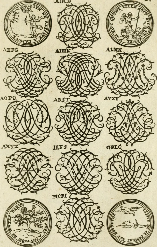 An illustration from Livre nouveau et utile pour toutes sortes d'artistes, et particulierement pour les orfevres, les orlogeurs, les peintres, les graveurs, les brodeurs, &c. : contenant quatre alphabets de chiffres fleuronnez au premier trait avec quantite de devises, d'emblemes et de noeuds d'amour : avec une table exacte pour trouver en général tous les noms et surnoms entrelassez, 1690, leaf 58
