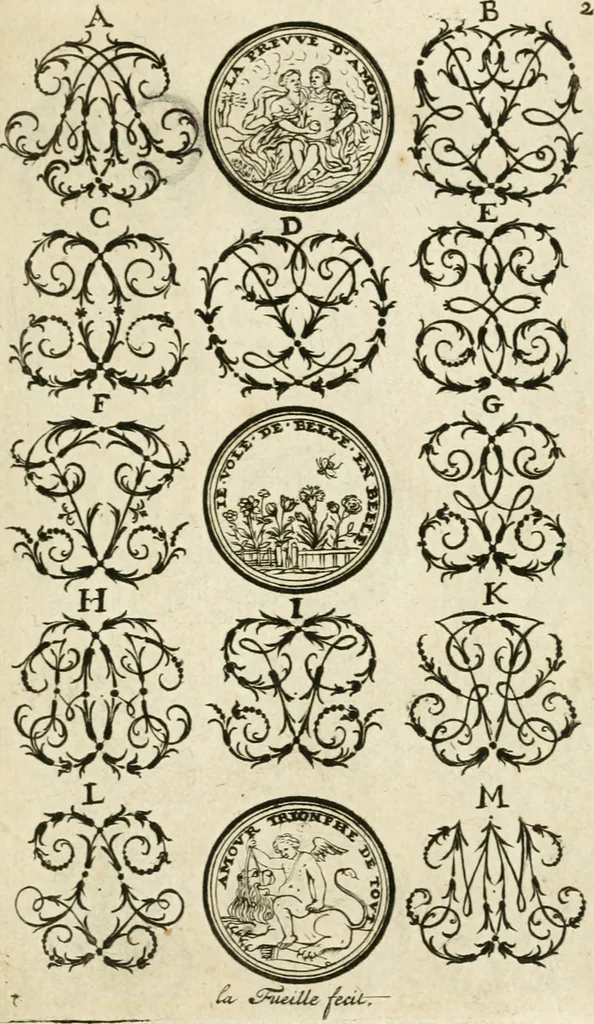 An illustration from Livre nouveau et utile pour toutes sortes d'artistes, et particulierement pour les orfevres, les orlogeurs, les peintres, les graveurs, les brodeurs, &c. : contenant quatre alphabets de chiffres fleuronnez au premier trait avec quantite de devises, d'emblemes et de noeuds d'amour : avec une table exacte pour trouver en général tous les noms et surnoms entrelassez, 1690, leaf 6