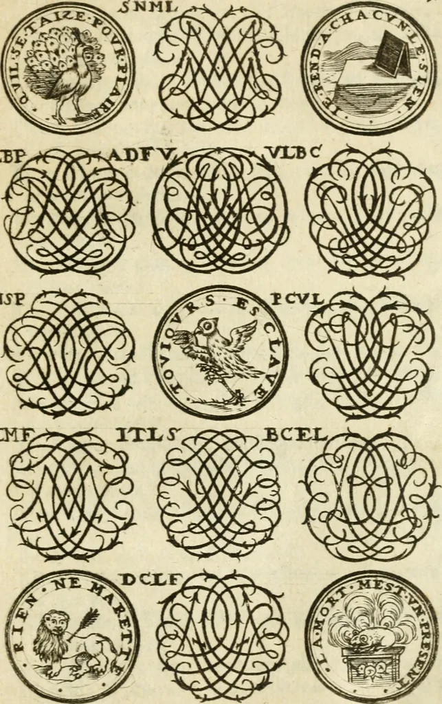 An illustration from Livre nouveau et utile pour toutes sortes d'artistes, et particulierement pour les orfevres, les orlogeurs, les peintres, les graveurs, les brodeurs, &c. : contenant quatre alphabets de chiffres fleuronnez au premier trait avec quantite de devises, d'emblemes et de noeuds d'amour : avec une table exacte pour trouver en général tous les noms et surnoms entrelassez, 1690, leaf 60