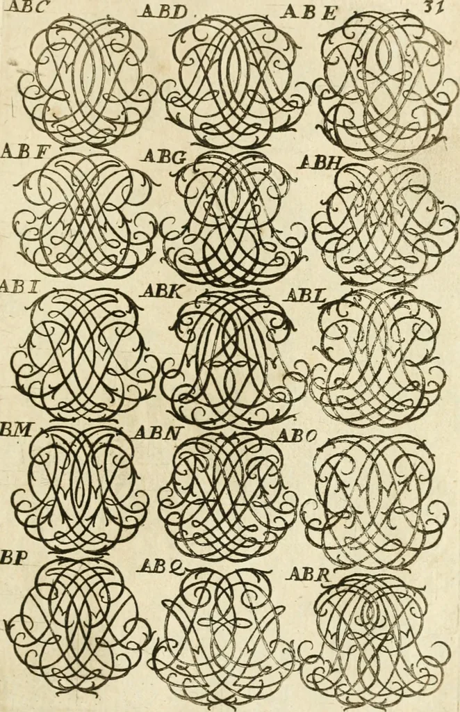 An illustration from Livre nouveau et utile pour toutes sortes d'artistes, et particulierement pour les orfevres, les orlogeurs, les peintres, les graveurs, les brodeurs, &c. : contenant quatre alphabets de chiffres fleuronnez au premier trait avec quantite de devises, d'emblemes et de noeuds d'amour : avec une table exacte pour trouver en général tous les noms et surnoms entrelassez, 1690, leaf 68