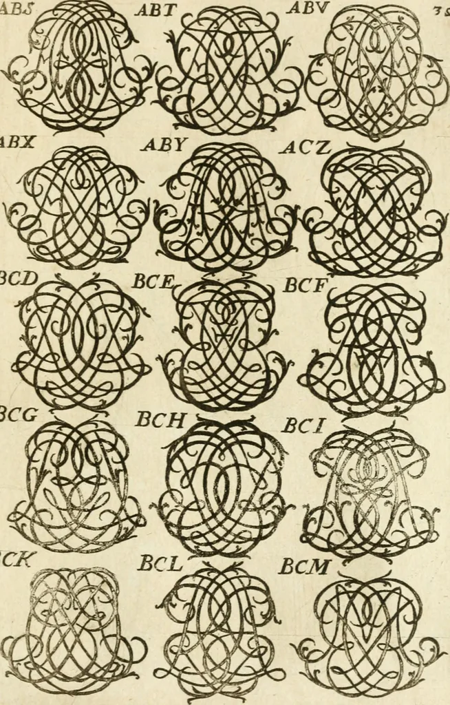 An illustration from Livre nouveau et utile pour toutes sortes d'artistes, et particulierement pour les orfevres, les orlogeurs, les peintres, les graveurs, les brodeurs, &c. : contenant quatre alphabets de chiffres fleuronnez au premier trait avec quantite de devises, d'emblemes et de noeuds d'amour : avec une table exacte pour trouver en général tous les noms et surnoms entrelassez, 1690, leaf 70