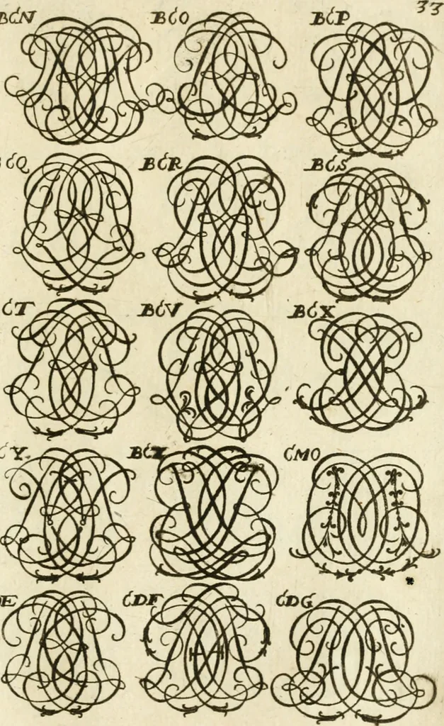 An illustration from Livre nouveau et utile pour toutes sortes d'artistes, et particulierement pour les orfevres, les orlogeurs, les peintres, les graveurs, les brodeurs, &c. : contenant quatre alphabets de chiffres fleuronnez au premier trait avec quantite de devises, d'emblemes et de noeuds d'amour : avec une table exacte pour trouver en général tous les noms et surnoms entrelassez, 1690, leaf 72