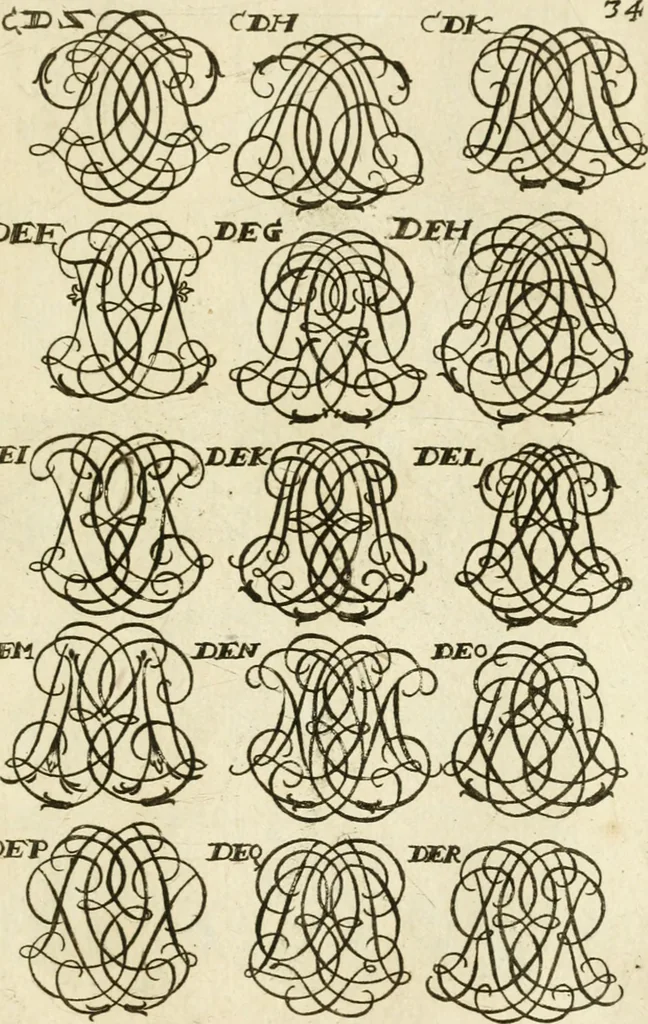 An illustration from Livre nouveau et utile pour toutes sortes d'artistes, et particulierement pour les orfevres, les orlogeurs, les peintres, les graveurs, les brodeurs, &c. : contenant quatre alphabets de chiffres fleuronnez au premier trait avec quantite de devises, d'emblemes et de noeuds d'amour : avec une table exacte pour trouver en général tous les noms et surnoms entrelassez, 1690, leaf 74