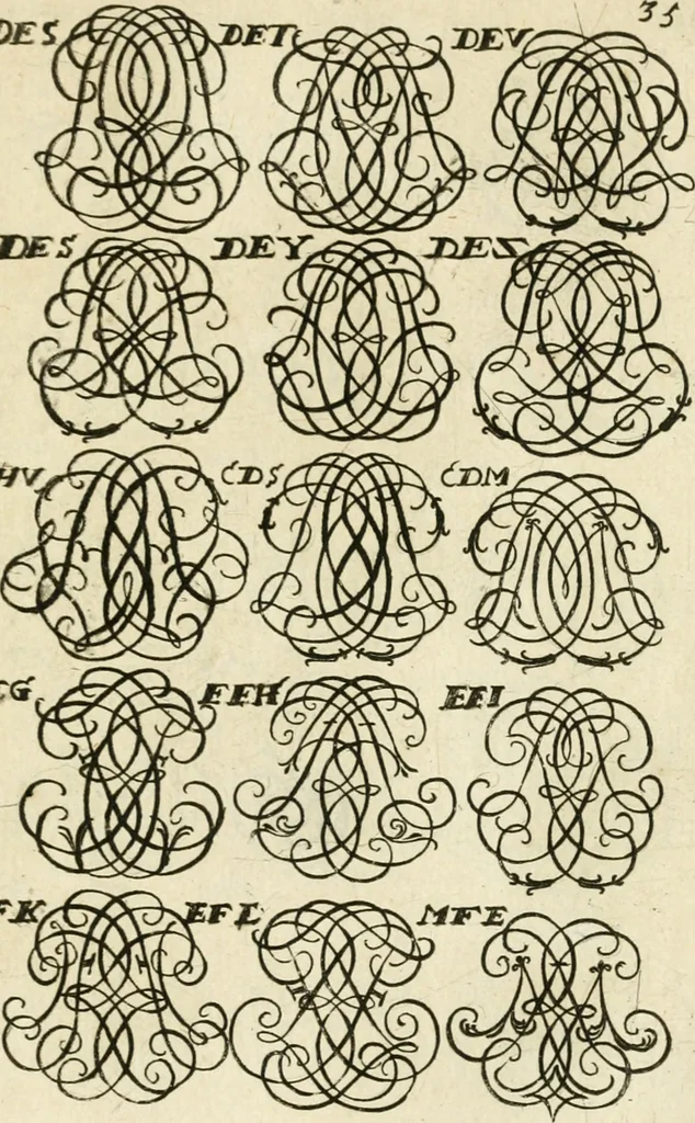 An illustration from Livre nouveau et utile pour toutes sortes d'artistes, et particulierement pour les orfevres, les orlogeurs, les peintres, les graveurs, les brodeurs, &c. : contenant quatre alphabets de chiffres fleuronnez au premier trait avec quantite de devises, d'emblemes et de noeuds d'amour : avec une table exacte pour trouver en général tous les noms et surnoms entrelassez, 1690, leaf 76
