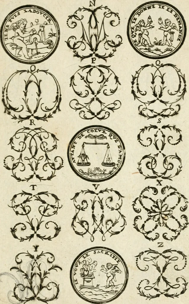 An illustration from Livre nouveau et utile pour toutes sortes d'artistes, et particulierement pour les orfevres, les orlogeurs, les peintres, les graveurs, les brodeurs, &c. : contenant quatre alphabets de chiffres fleuronnez au premier trait avec quantite de devises, d'emblemes et de noeuds d'amour : avec une table exacte pour trouver en général tous les noms et surnoms entrelassez, 1690, leaf 8