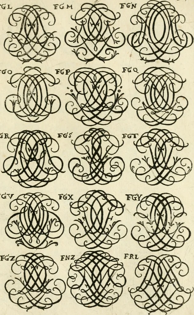 An illustration from Livre nouveau et utile pour toutes sortes d'artistes, et particulierement pour les orfevres, les orlogeurs, les peintres, les graveurs, les brodeurs, &c. : contenant quatre alphabets de chiffres fleuronnez au premier trait avec quantite de devises, d'emblemes et de noeuds d'amour : avec une table exacte pour trouver en général tous les noms et surnoms entrelassez, 1690, leaf 80