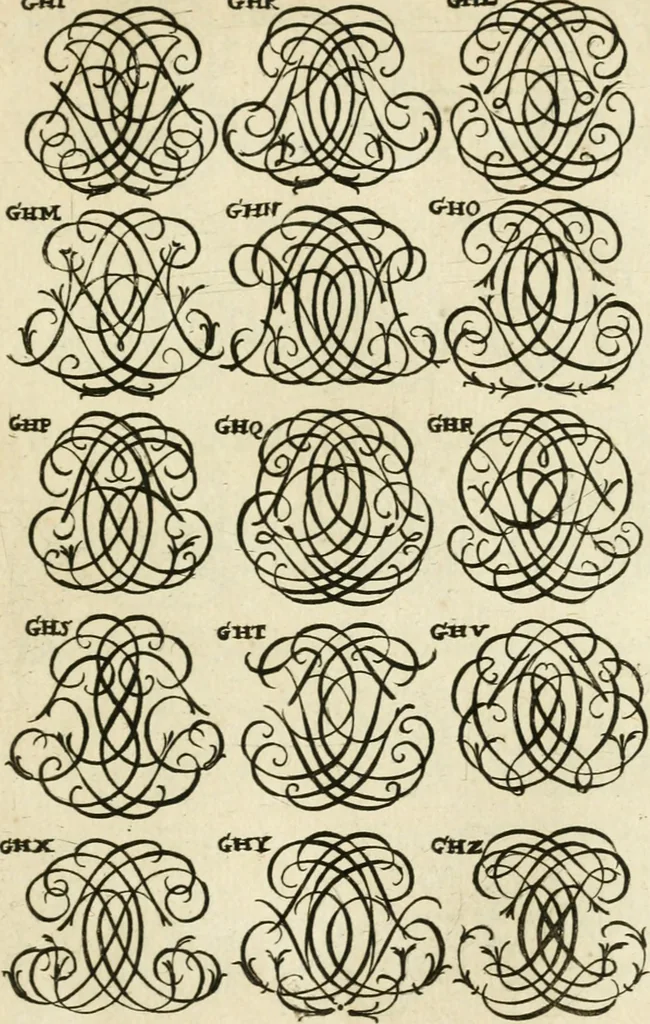 An illustration from Livre nouveau et utile pour toutes sortes d'artistes, et particulierement pour les orfevres, les orlogeurs, les peintres, les graveurs, les brodeurs, &c. : contenant quatre alphabets de chiffres fleuronnez au premier trait avec quantite de devises, d'emblemes et de noeuds d'amour : avec une table exacte pour trouver en général tous les noms et surnoms entrelassez, 1690, leaf 82