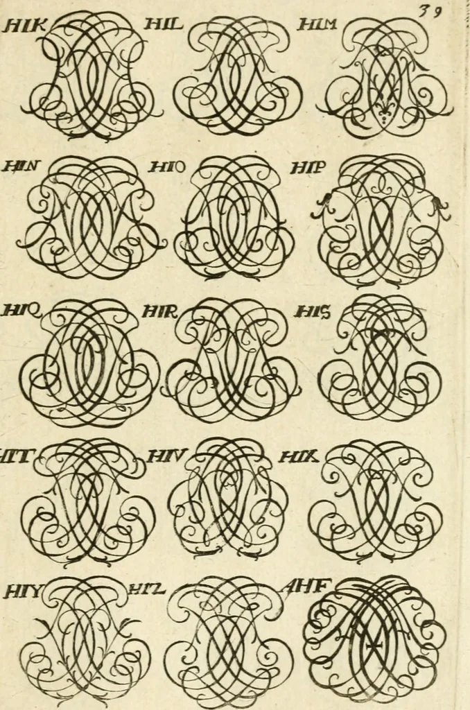 An illustration from Livre nouveau et utile pour toutes sortes d'artistes, et particulierement pour les orfevres, les orlogeurs, les peintres, les graveurs, les brodeurs, &c. : contenant quatre alphabets de chiffres fleuronnez au premier trait avec quantite de devises, d'emblemes et de noeuds d'amour : avec une table exacte pour trouver en général tous les noms et surnoms entrelassez, 1690, leaf 84