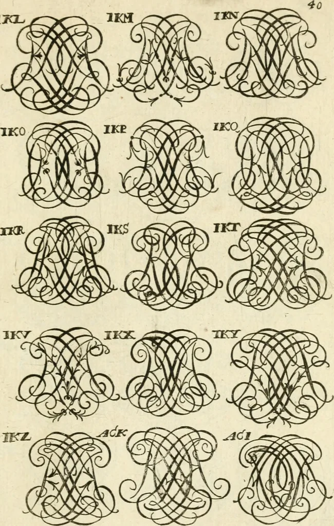 An illustration from Livre nouveau et utile pour toutes sortes d'artistes, et particulierement pour les orfevres, les orlogeurs, les peintres, les graveurs, les brodeurs, &c. : contenant quatre alphabets de chiffres fleuronnez au premier trait avec quantite de devises, d'emblemes et de noeuds d'amour : avec une table exacte pour trouver en général tous les noms et surnoms entrelassez, 1690, leaf 86