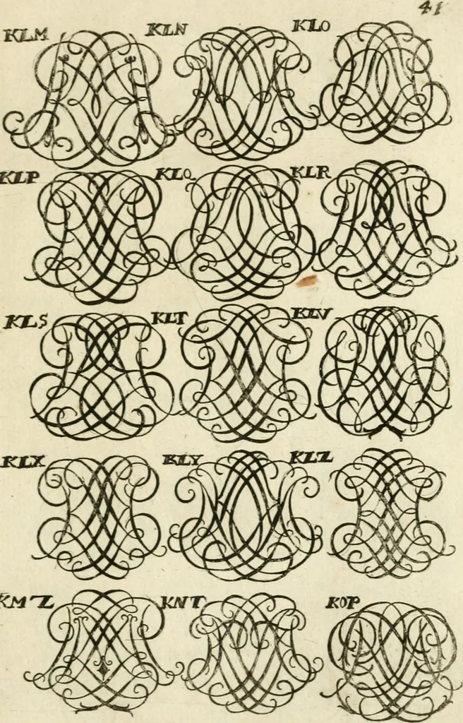 An illustration from Livre nouveau et utile pour toutes sortes d'artistes, et particulierement pour les orfevres, les orlogeurs, les peintres, les graveurs, les brodeurs, &c. : contenant quatre alphabets de chiffres fleuronnez au premier trait avec quantite de devises, d'emblemes et de noeuds d'amour : avec une table exacte pour trouver en général tous les noms et surnoms entrelassez, 1690, leaf 88