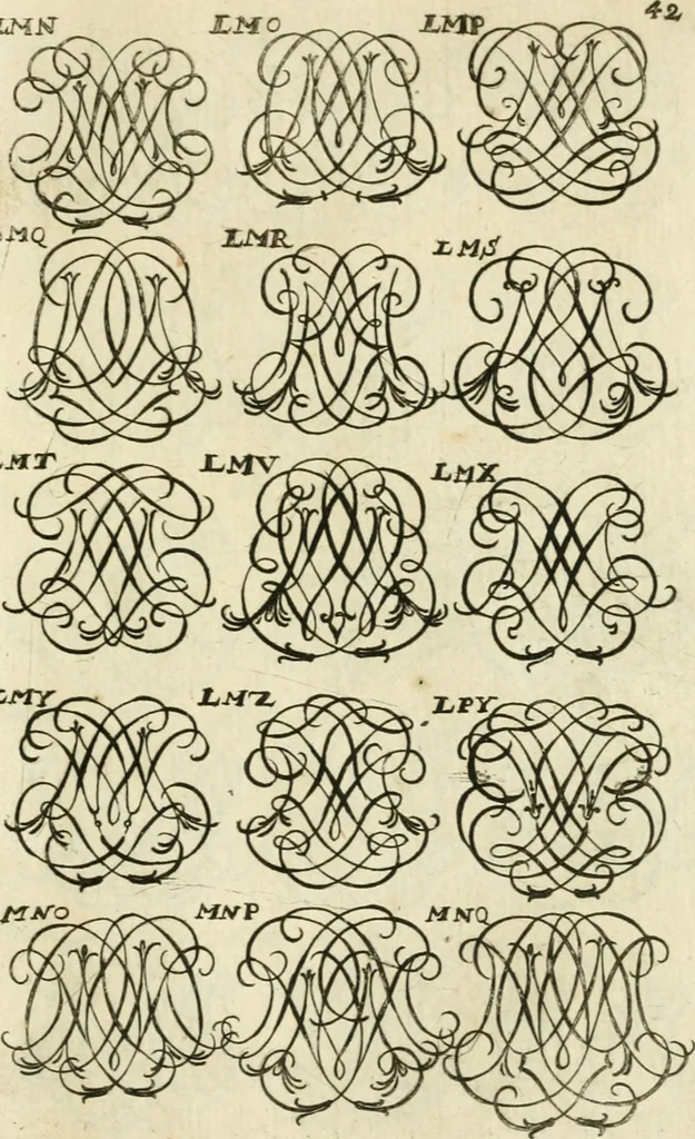 An illustration from Livre nouveau et utile pour toutes sortes d'artistes, et particulierement pour les orfevres, les orlogeurs, les peintres, les graveurs, les brodeurs, &c. : contenant quatre alphabets de chiffres fleuronnez au premier trait avec quantite de devises, d'emblemes et de noeuds d'amour : avec une table exacte pour trouver en général tous les noms et surnoms entrelassez, 1690, leaf 90