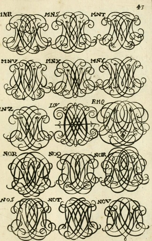 An illustration from Livre nouveau et utile pour toutes sortes d'artistes, et particulierement pour les orfevres, les orlogeurs, les peintres, les graveurs, les brodeurs, &c. : contenant quatre alphabets de chiffres fleuronnez au premier trait avec quantite de devises, d'emblemes et de noeuds d'amour : avec une table exacte pour trouver en général tous les noms et surnoms entrelassez, 1690, leaf 92