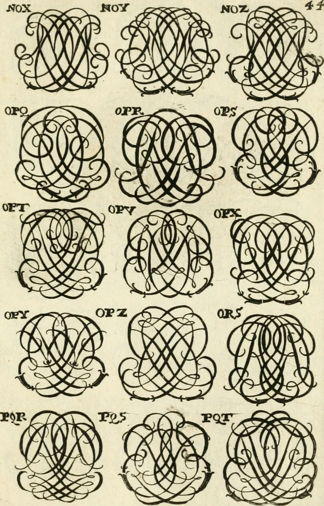 An illustration from Livre nouveau et utile pour toutes sortes d'artistes, et particulierement pour les orfevres, les orlogeurs, les peintres, les graveurs, les brodeurs, &c. : contenant quatre alphabets de chiffres fleuronnez au premier trait avec quantite de devises, d'emblemes et de noeuds d'amour : avec une table exacte pour trouver en général tous les noms et surnoms entrelassez, 1690, leaf 94